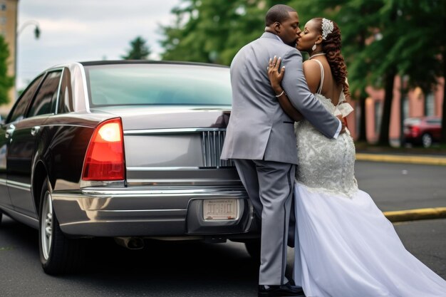 African American couple bride and groom near wedding car Generative AI