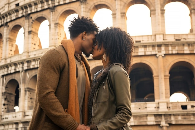 African american couple kissing against Colosseum Rome Generative AI