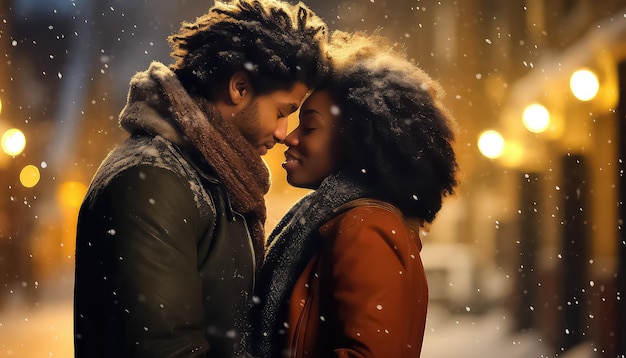 恋に落ちたアフリカ系アメリカ人のカップルが ⁇ 夜に降る雪でお互いに近づいて立っています ⁇ 