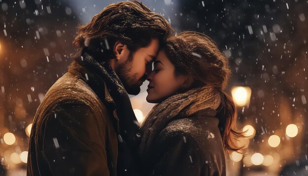 african american couple in love standing close to each other at snow falling in evening