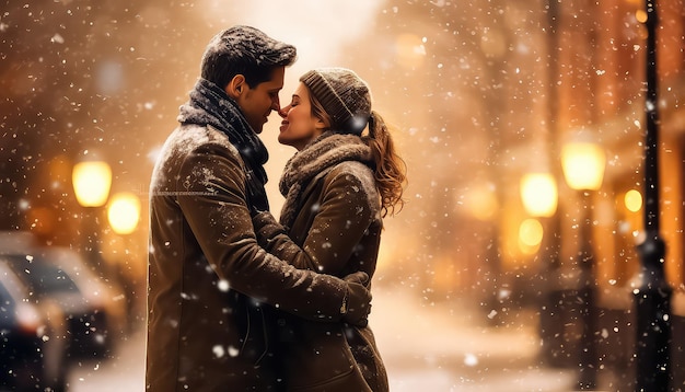 african american couple in love standing close to each other at snow falling in evening