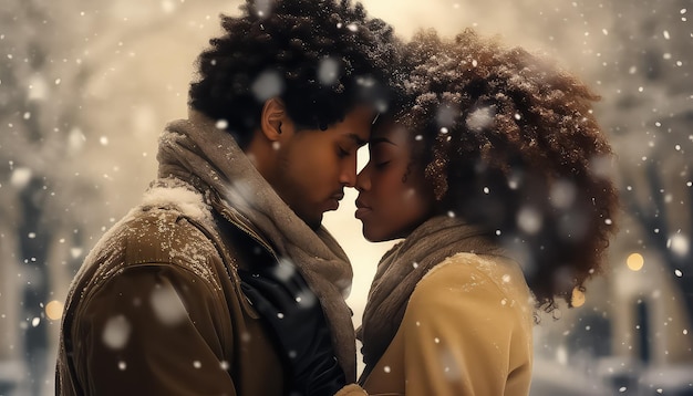 african american couple in love standing close to each other at snow falling in evening