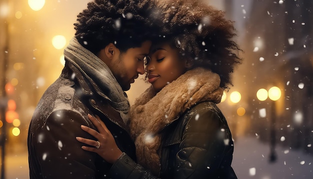 african american couple in love standing close to each other at snow falling in evening