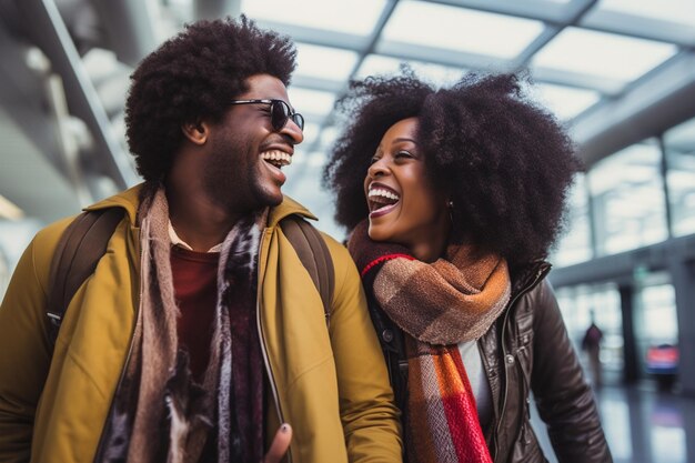 african american couple passenger laughing at the airport bokeh style background