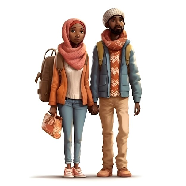 African american couple in winter clothes with backpacks on white background