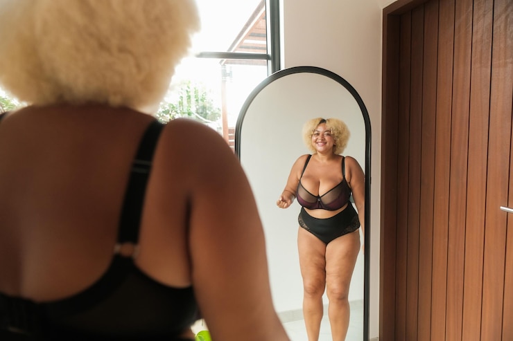 Photo african american curvy plus size woman dancing in front of mirror in lingerie