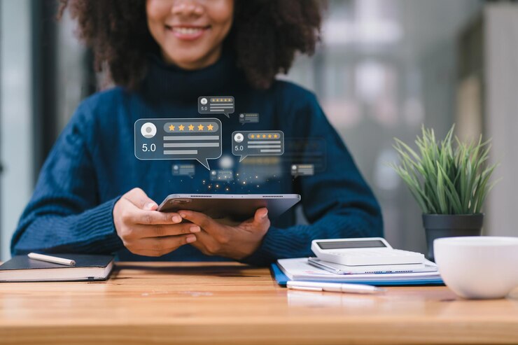 Photo african american customer providing five satisfaction ratings customer service evaluation concept