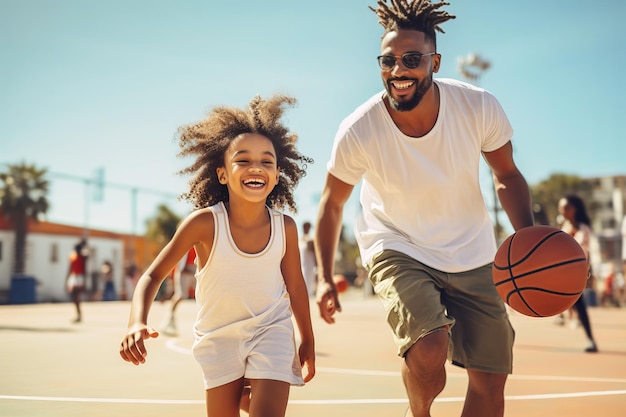 아프리카계 미국인 아빠와 딸이 법정에서 농구를 하고 있습니다. 합동 가족 게임 레저