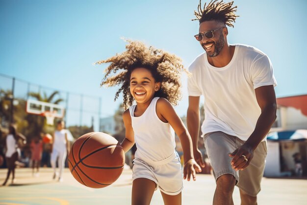 African American Dad and daughter playing basketball on court Joint family game leisure