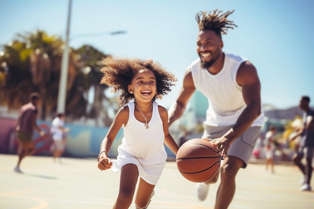 Африканско-американский отец и дочь играют в баскетбол на корте Совместная семейная игра досуга