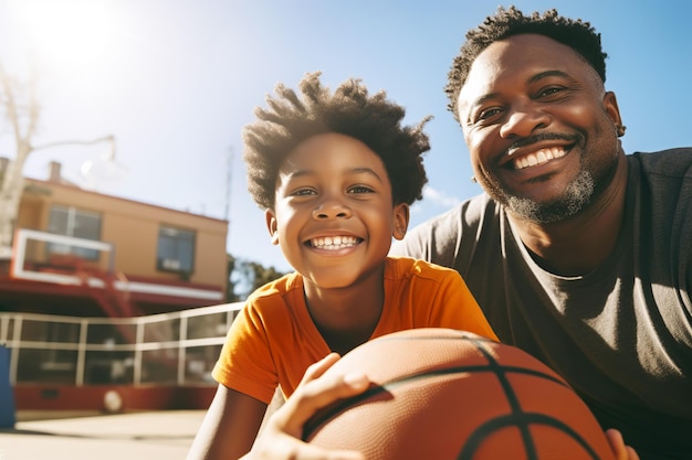 アフリカ系アメリカ人のお父さんと息子がコートでバスケットボールをする共同家族ゲームレジャー