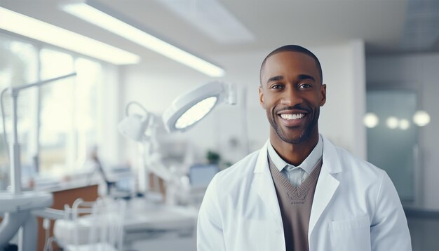 Photo african american dentist man smiling while standing in dental clinic portrait of confident a young