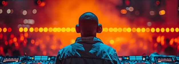 African American DJ encouraging the crowd in an outdoor club party while facing back