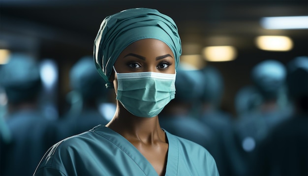アフリカ系アメリカ人の女性医師が手術の準備をしています 幸せな看護師の女の子は青い医用服を着ています