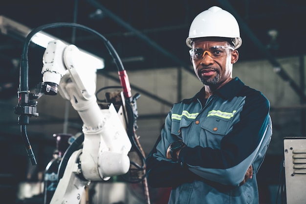 African American factory worker working with adept robotic arm