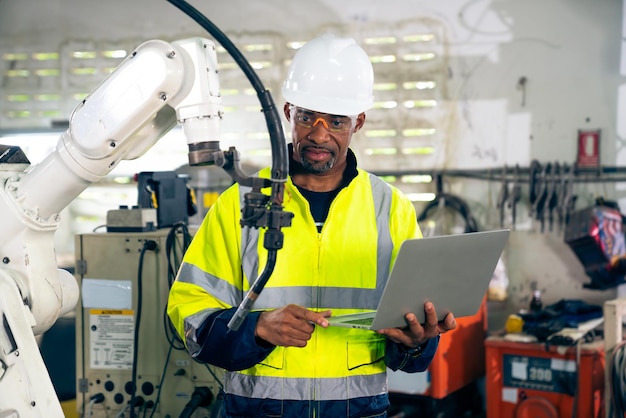 African American factory worker working with adept robotic arm