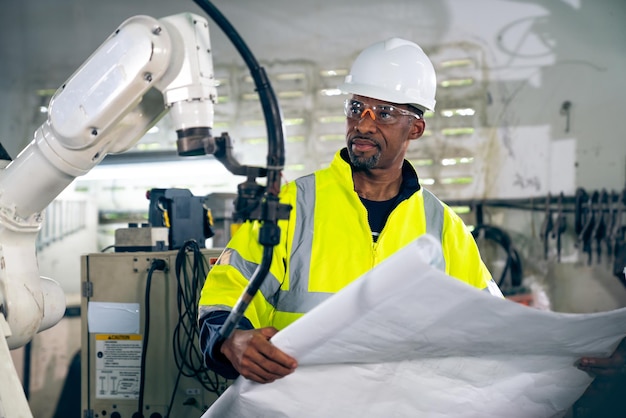 African American factory worker working with adept robotic arm