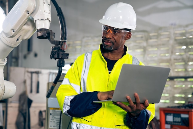 African American factory worker working with adept robotic arm