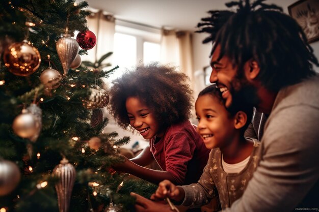 写真 アフリカ系アメリカ人の家族がリビング ルームでクリスマス ツリーを飾る
