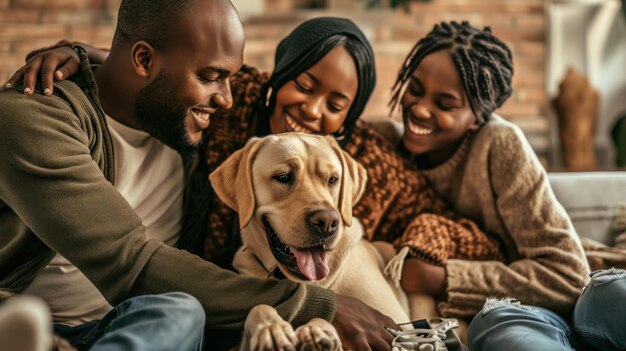 アフリカ系アメリカ人の家族と彼らの犬が家で楽しんでいる