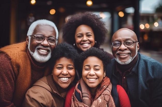 African American family together Family photo of grandfather with children and small grandchildren Children and grandchildren visit elderly parents Family values Caring for the elderly