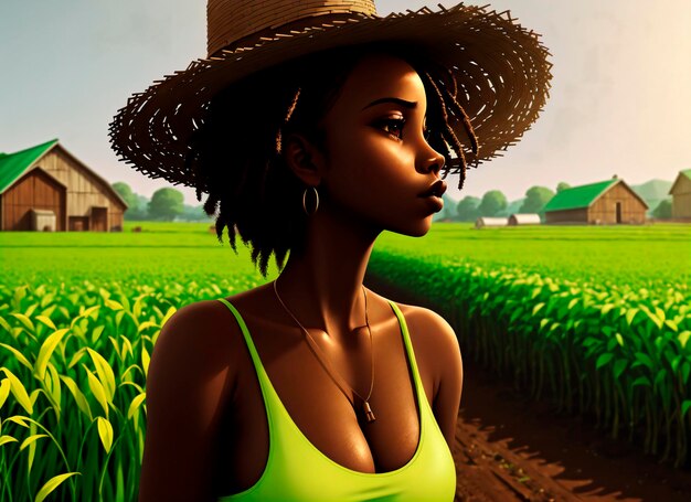 African american farmer girl in a straw hat on the background of the countryside Generative AI