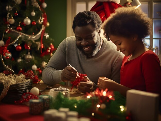 アフリカ系アメリカ人の父と娘は、新年のお祝いのために一緒にクリスマスツリーを飾りました