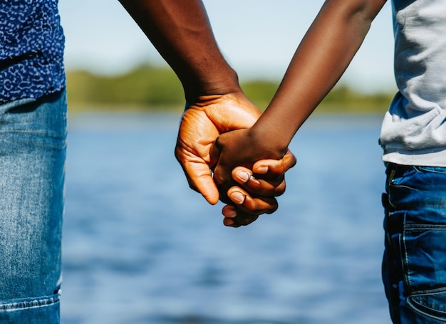 A African American Father holds his Childs hand