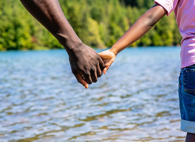 アフリカ系アメリカ人の父親が子供の手を握る