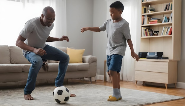 African American father playing soccer with his son in the living room