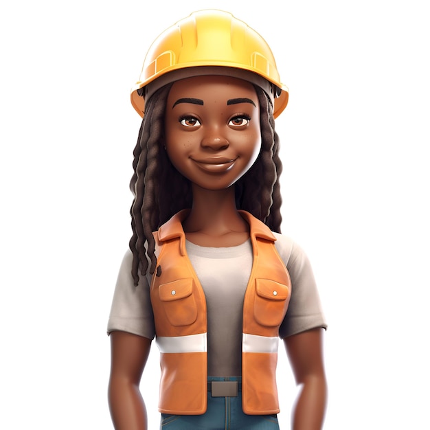 白い背景の 3 d レンダリングに分離されたアフリカ系アメリカ人の女性建設労働者