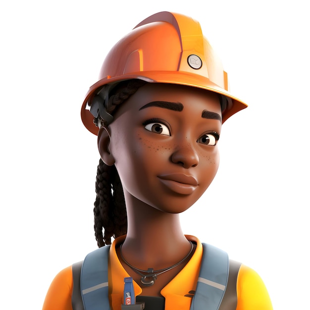 African American female construction worker in orange helmet and reflective vest 3D illustration