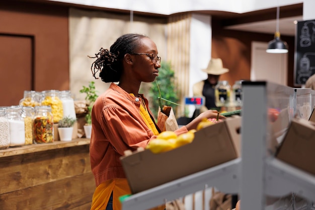 African American female customer in a grocery store She browses organic vegetables grains and sustainable products The store offers locally grown zerowaste items Foreground focus