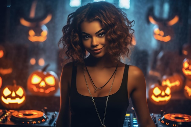 African american female dj enchanting a halloween party