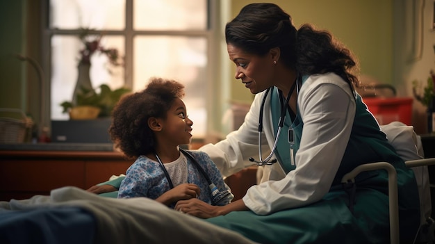 African American female doctor examining sick little girl in hospital ward Generative ai