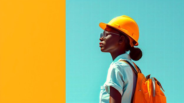 African american female engineer in hardhat and reflective vest looking away against orange and blue