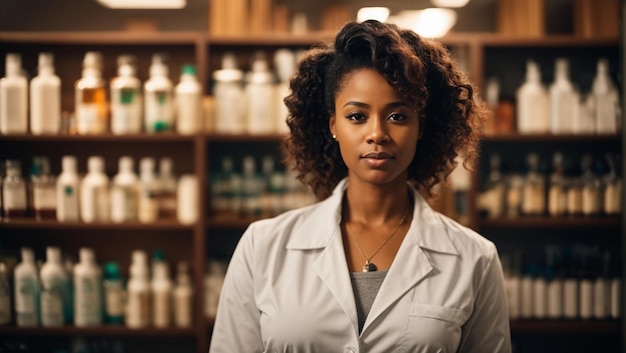薬局の背景を持つアフリカ系アメリカ人女性薬剤師