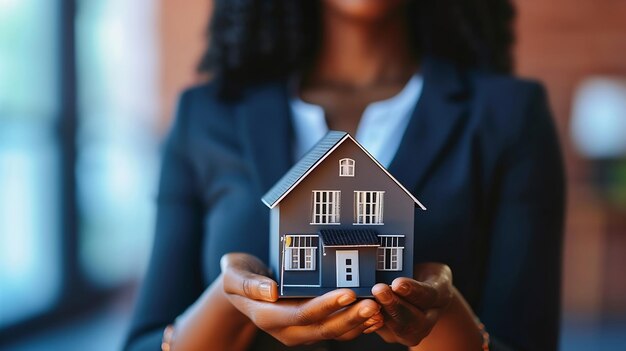 African American female real estate agent delivers house model to client mortgage lo Generative AI