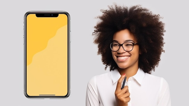 African American female student with curly hair holding a smart pen looks at the phone screen