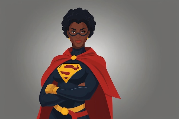 Photo african american female superhero in red cape and mask flat vector illustration