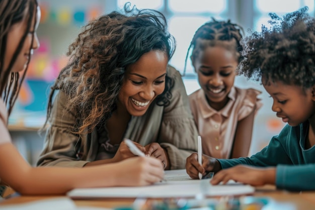 African American female teacher and little children in classroom writing or drawing on paper