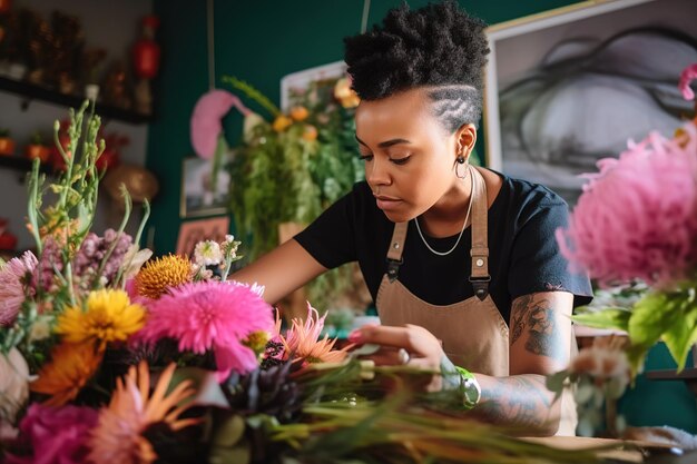 African american florist woman makes a flowers bouquet in floral shop