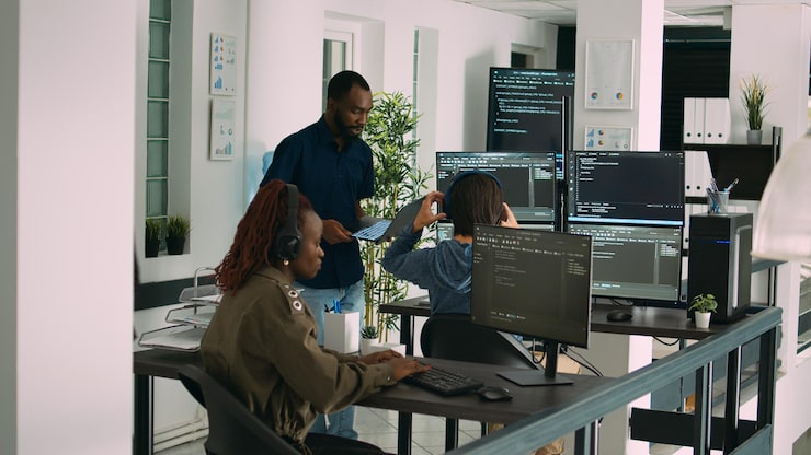 Photo african american focused software engineer working on computer screen and typing in it office. database programer writing code with algorithms, using new server interface on terminal window.