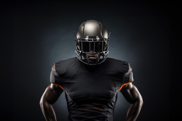 African American football player in gear set against a deep black backdrop