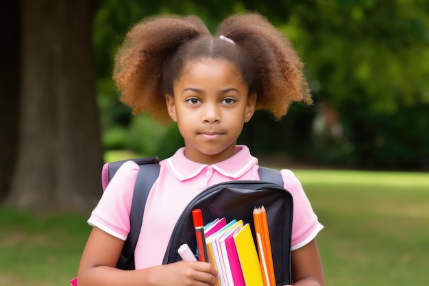 アフリカ系アメリカ人の女の子が週末に学校用品を手に持っているジェネレーティブAIで作られた