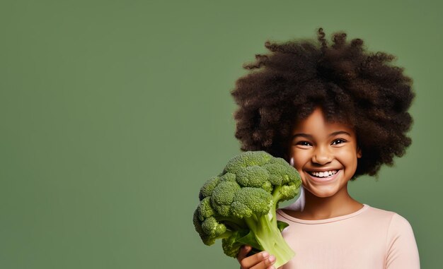 Photo african american girl holds a large broccoli in her hand place for text