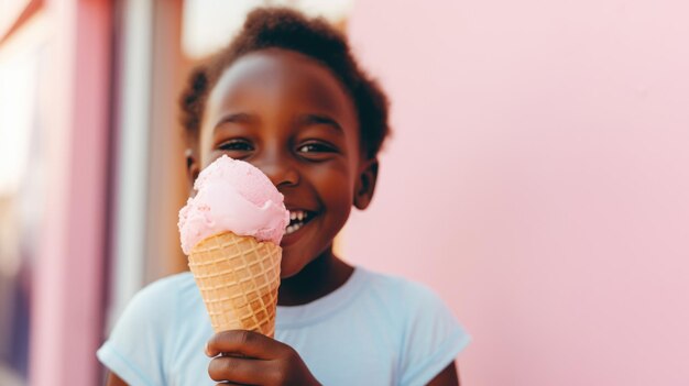 African American girl portrait enjoying pink ice cream cone copy space