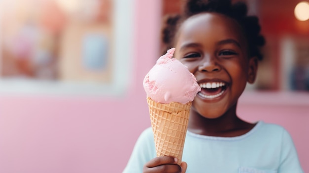 African American girl portrait enjoying pink ice cream cone copy space