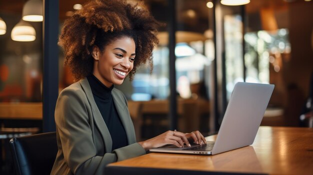 African american girl at restaurant with laptop