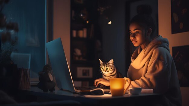 노트북을 사용하는 아프리카계 미국인 소녀가 고양이와 함께 작업 테이블에 앉아 있습니다. 신경망은 예술을 생성합니다.